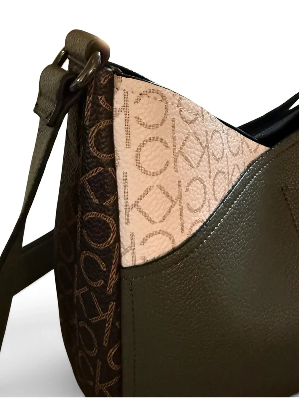Calvin Klein Olive Green Pebbled Leather Like Shoulder Bag Monogram Trim Adjust